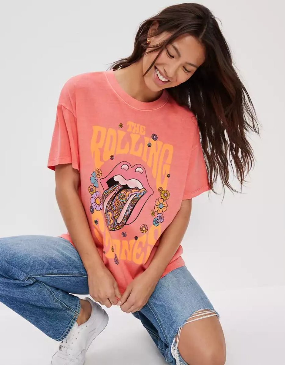 T Shirts American Eagle AE Oversized Rolling Stones Graphique Tee Corail Femme | GIO-72148594